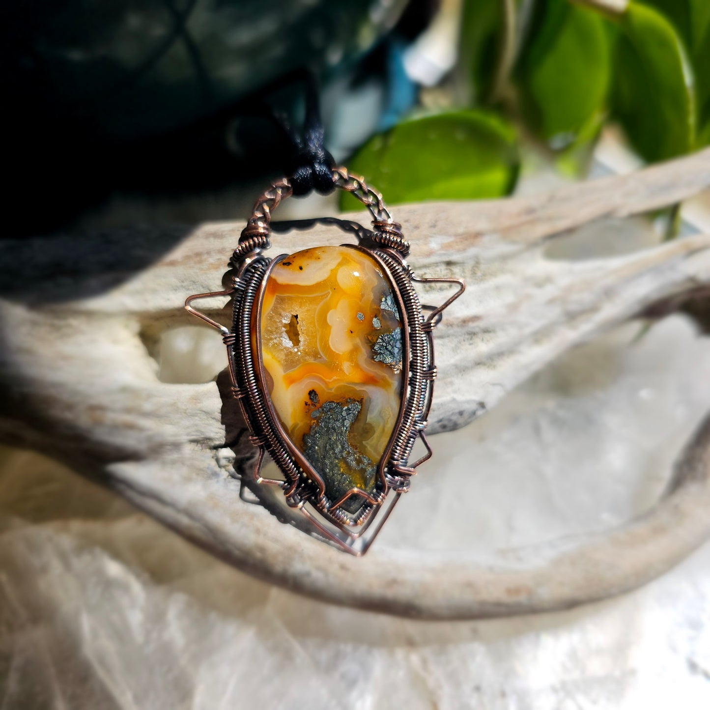 Marcasite Plume Agate copper wrapped pendant