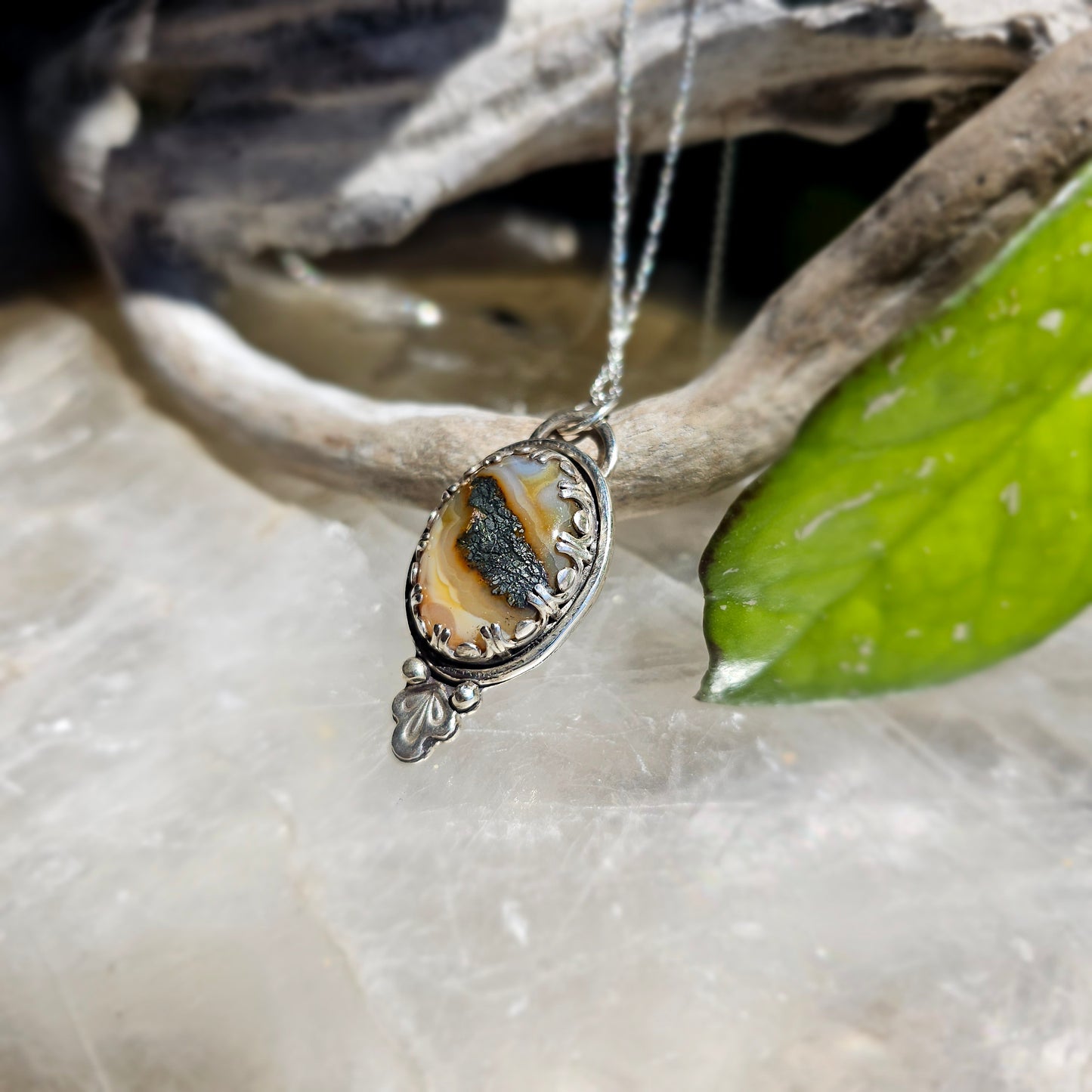 Marcasite Plume Agate Sterling Silver Pendant