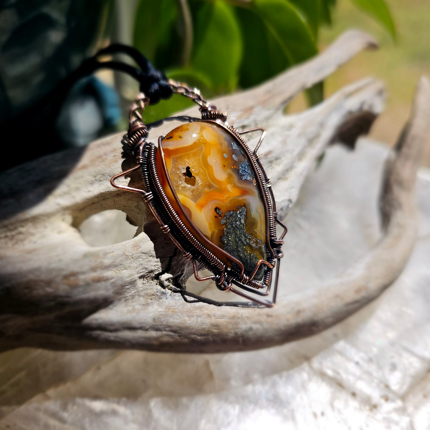 Marcasite Plume Agate copper wrapped pendant